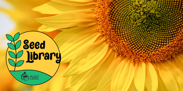 yellow sunflower beside Seed Library logo