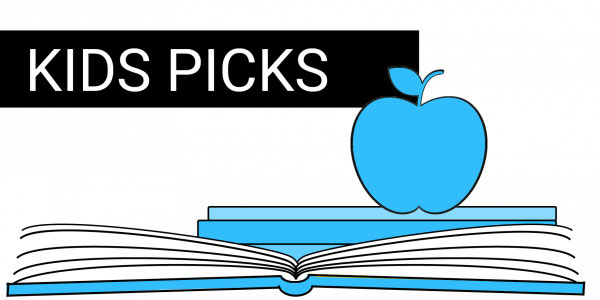 text kids picks with illustration of a blue apple resting on an open book