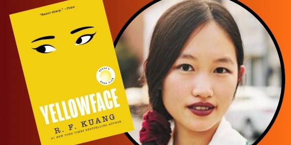 headshot of RF Kuang beside book cover of Yellowface