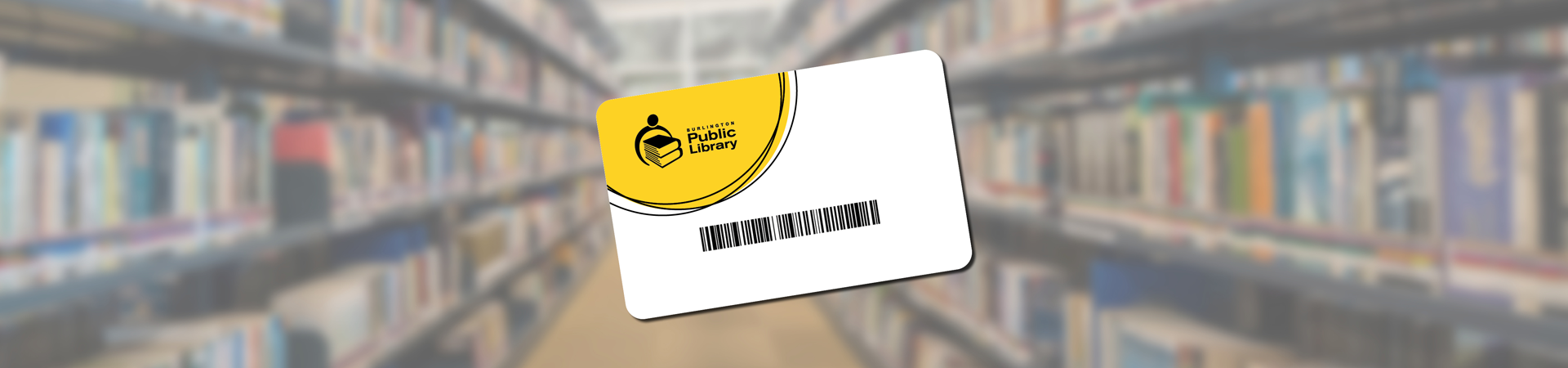 BPL library card superimposed on a blurred background of bookshelves
