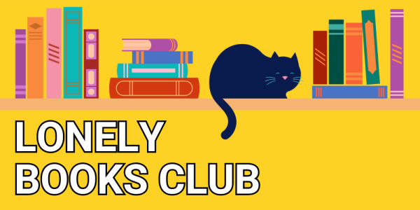 text: Lonely Books Club with illustration of cat on bookshelf