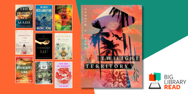 collage of book covers beside a large cover of Twilight Territory by Andrew X. Pham