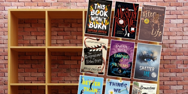 bookshelf with various book covers
