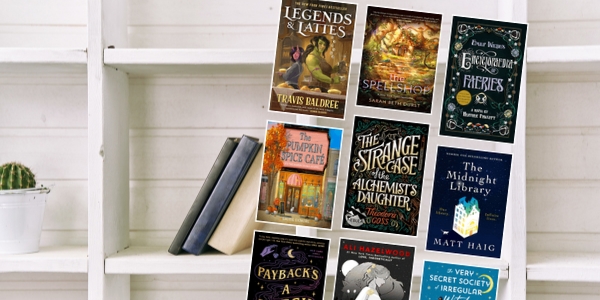 bookshelf with various book covers