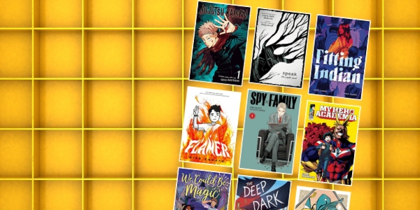 yellow bookshelf with various book covers