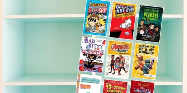 bookshelf with various book covers