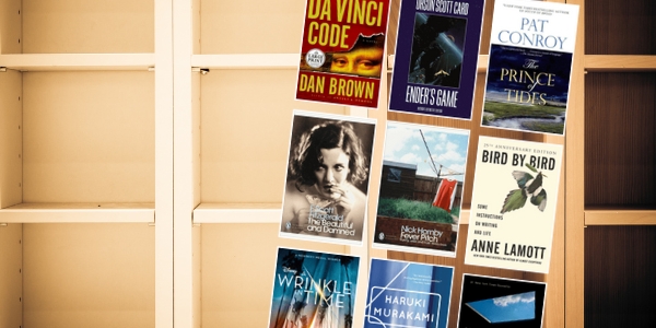 bookshelf with various book covers