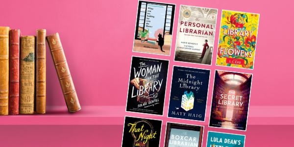 pink wall and a bookshelf with various book covers