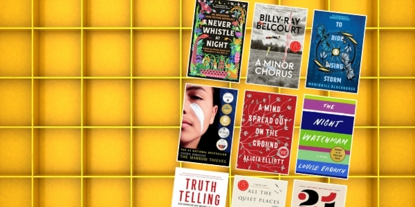 yellow bookshelf with various book covers