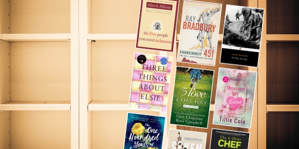 pale yellow bookshelf with various book covers