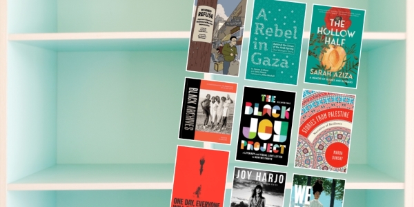 bookshelf with various book covers