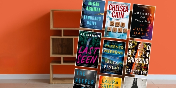 orange wall with a bookshelf with various book covers