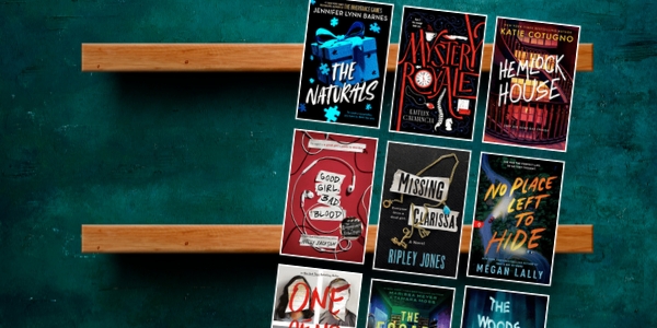teal wall with wood bookshelves with various book covers