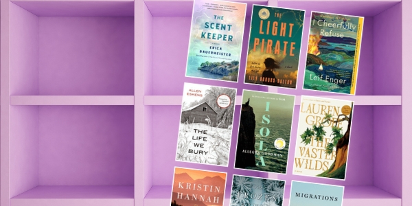 purple bookshelf with various book covers