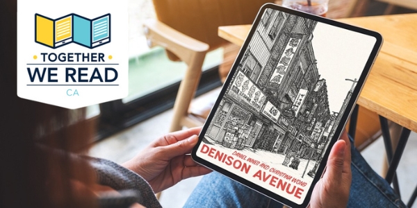 device displaying book cover of Denison Avenue by Daniel Innes
