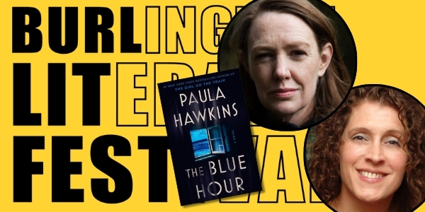 headshot of Paula Hawkins beside cover of The Blue Hour and headshot of Hannah Mary McKinnon