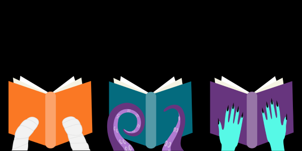 A graphic showing the hands of three monsters holding books.