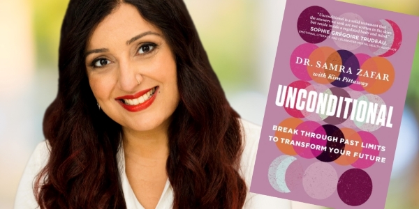 headshot of Samra Zafar beside book cover or Unconditional