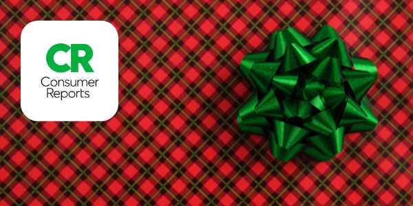 green bow on red and green plaid gift paper beside Consumer Reports logo