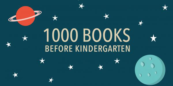 graphic illustration of planets and stars with text stating 1000 books before kindergarten