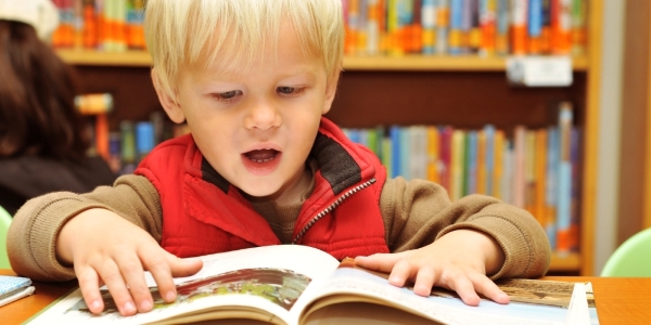 young child looking at a picture book