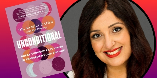 headshot of Samra Zafar beside book cover