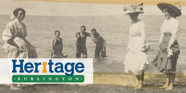 Early 1900s photo of six adults walking along Burlington Beach with Heritage Burlington logo