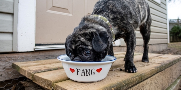 Dog eating out of a personalized ceramic dish with the name Fang applied with vinyl cut letters
