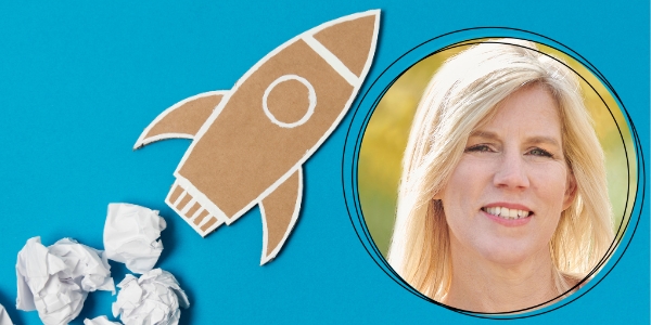 headshot of Lana Button beside an illustrated rocket with a contrail of balled paper
