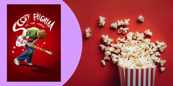 Scott Pilgrim vs the World movie poster beside container of popcorn