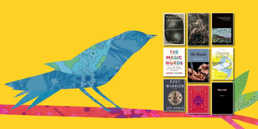 illustrated bird on a branch beside various book covers