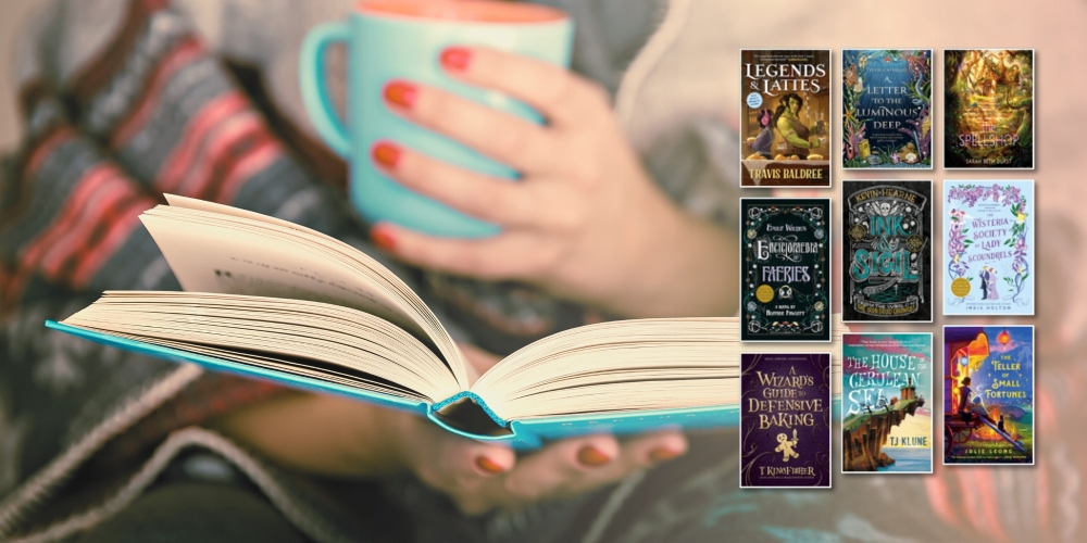 person wrapped in a blanket and hold a mug and an open book beside a collage of various book covers