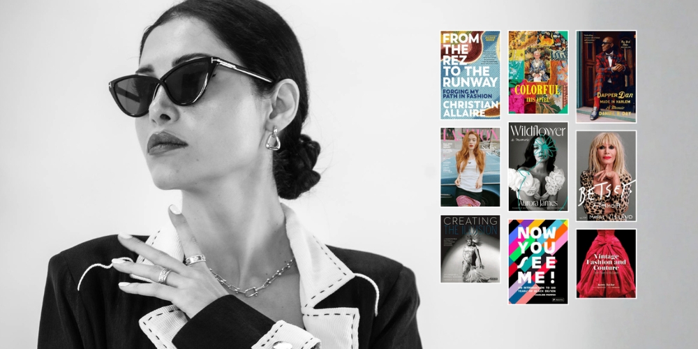 model beside book covers