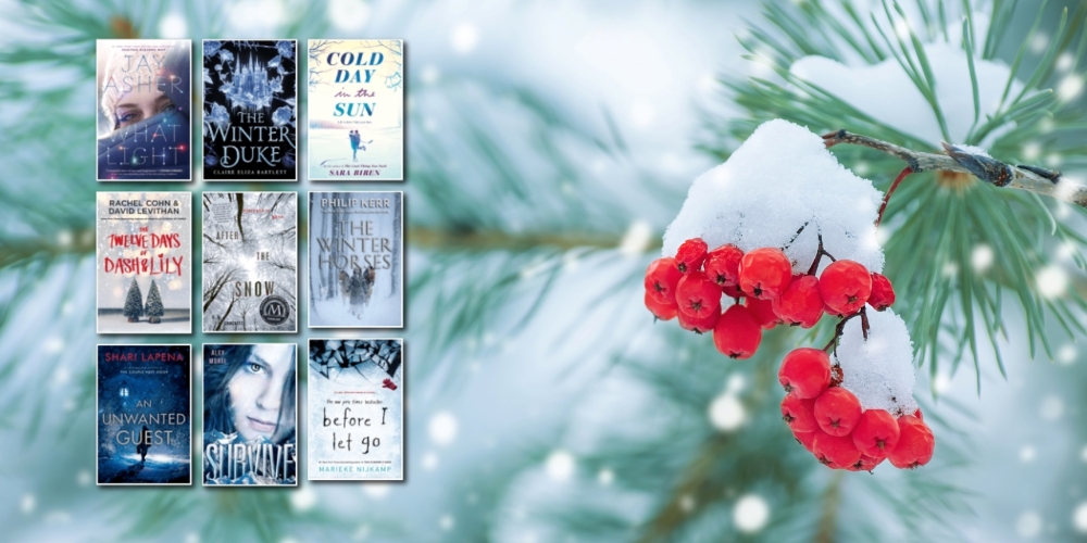 snow covered red tree berries beside a collage of various book covers