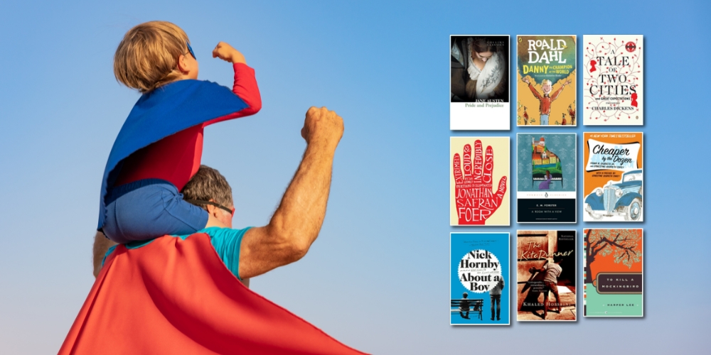 child on the shoulders of an adult, both wearing super hero capes and facing the sky with a raised arm and fisted hand, beside various book covers