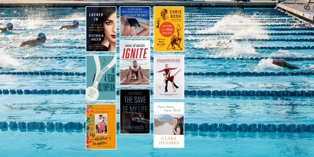 book covers with swimmers competing in a pool in the background
