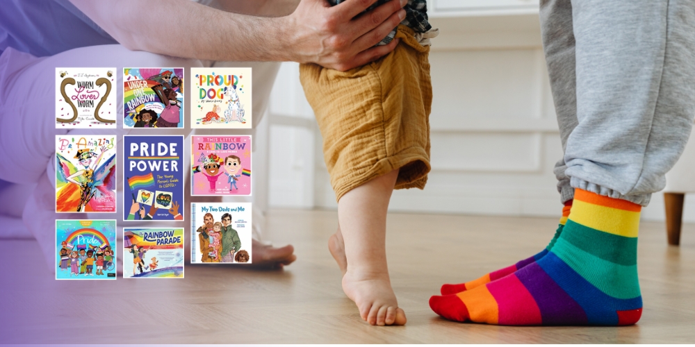 book covers superimposed on an adult holding up a toddler walking towards an adult wearing rainbow socks