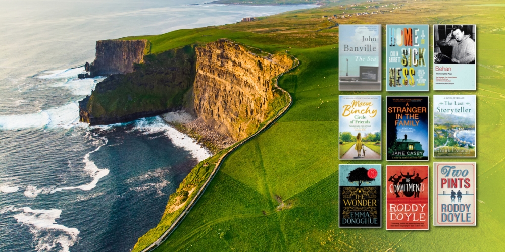 rugged coastal view of Ireland beside various book covers