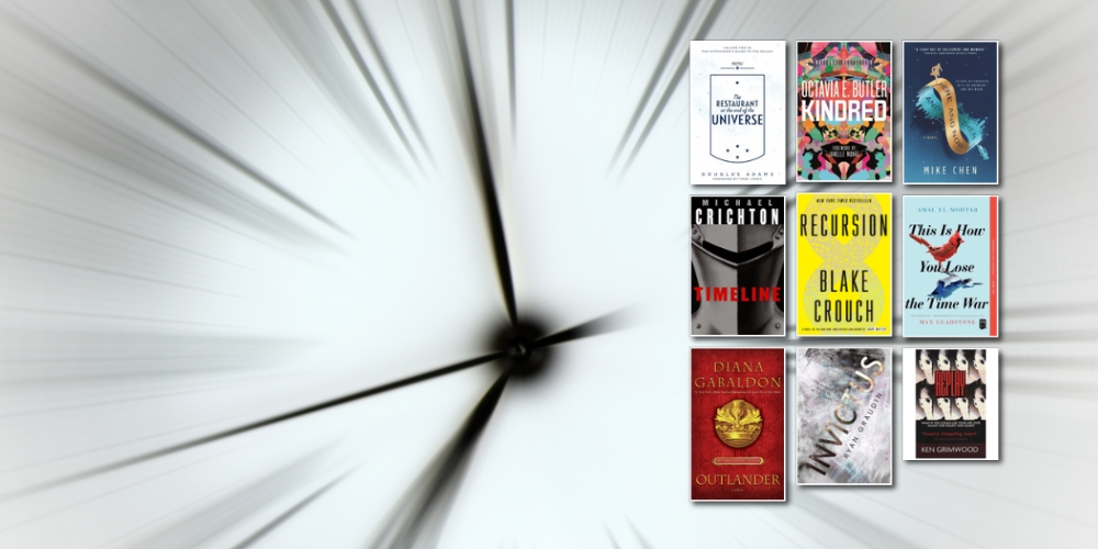 close-up of a blurry clock beside various book covers