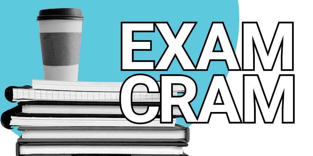 text exam cram beside a coffee cup resting on a stack of six notebooks