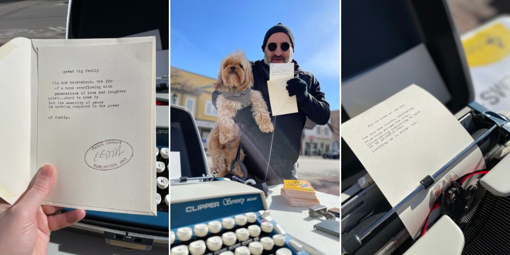 A trio of photos: A typewritten poem titled Great Big Family, a man holding a dog and a poem he received, a vintage typewriter
