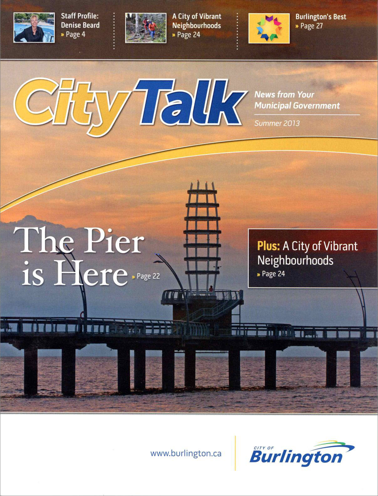 City Talk cover featuring the Burlington pier