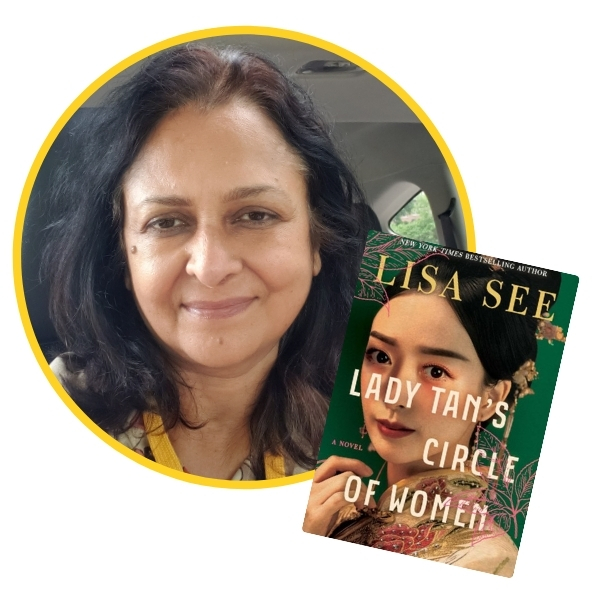 headshot of Kumkum beside book cover