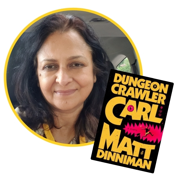 headshot of Kumkum beside book cover