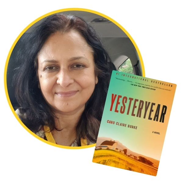 headshot of Kumkum beside book cover