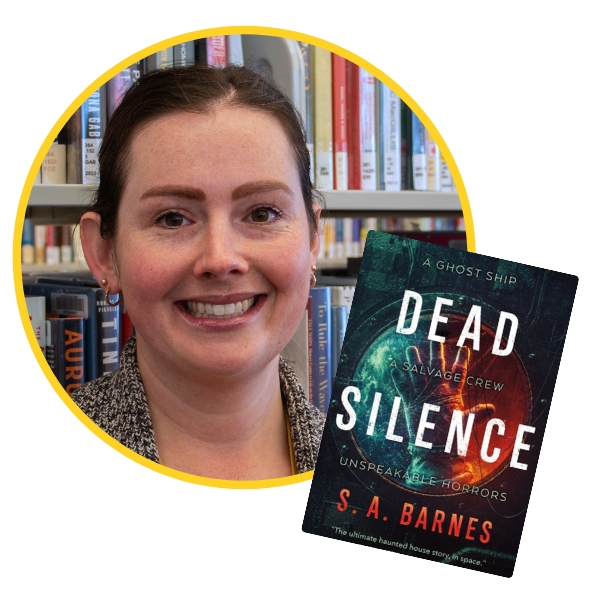 headshot of Sarah beside book cover