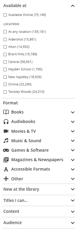 A screenshot of the catalogue, showing the left-hand search menu options.