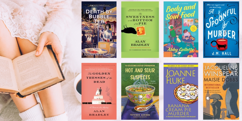 six cozy mystery books covers with an adult reading a book in bed in the background