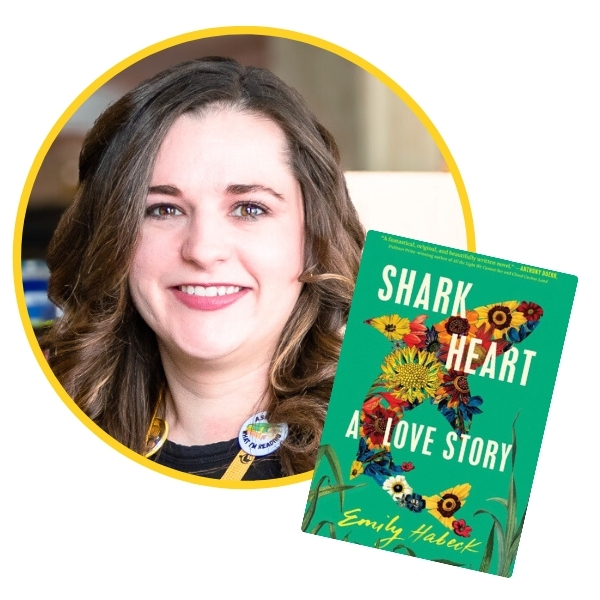 headshot of Emma beside cover of Shark Heart by Emily Habeck