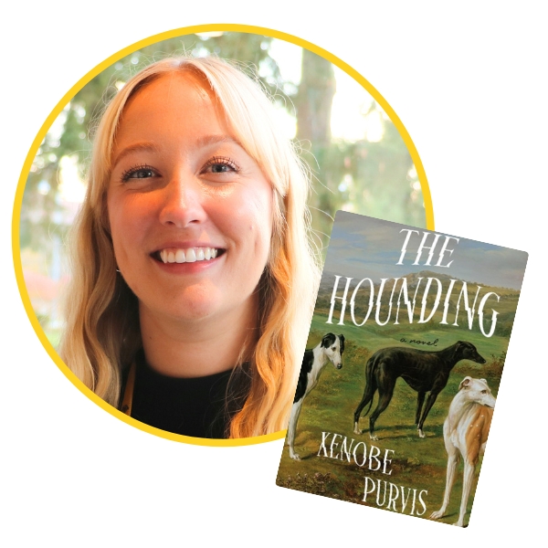 headshot of Kathleen beside book cover